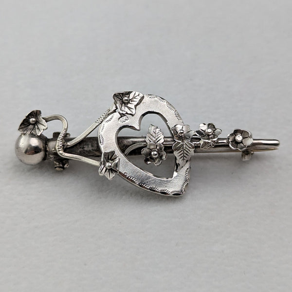 1900 British Antique Sterling Silver Open Heart & Plant Brooch Barker Brothers